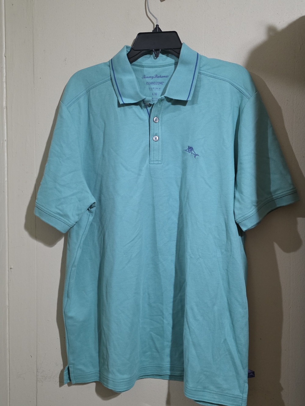 Tommy Bahama Men’s Polo Shirt  Suze L Teal Green Island Zono Marlins Logo